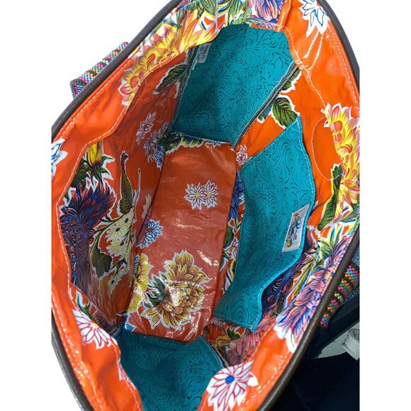 CONSUELA LARGE BROWN, TEAL QUILTED TOTE BAG WITH EMBOIDERY. - Picture 12 of 16